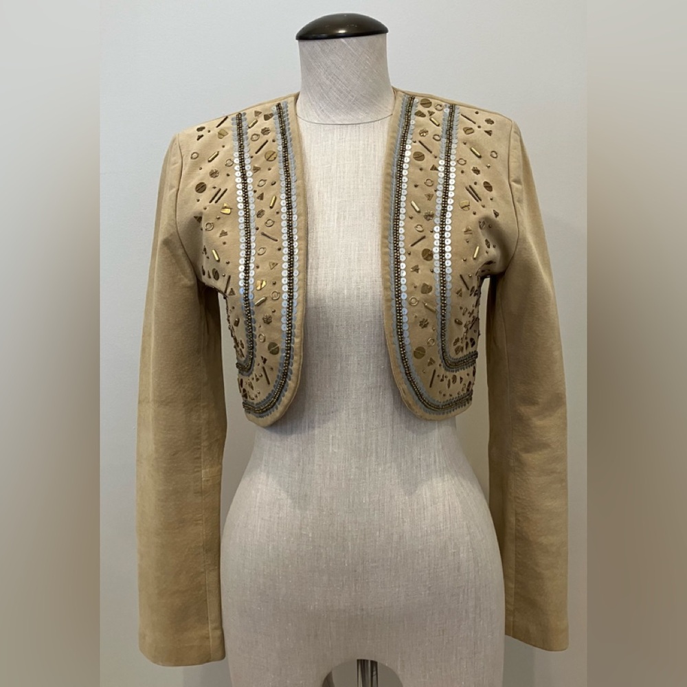 Embellished Tan Cropped Leather Jacket